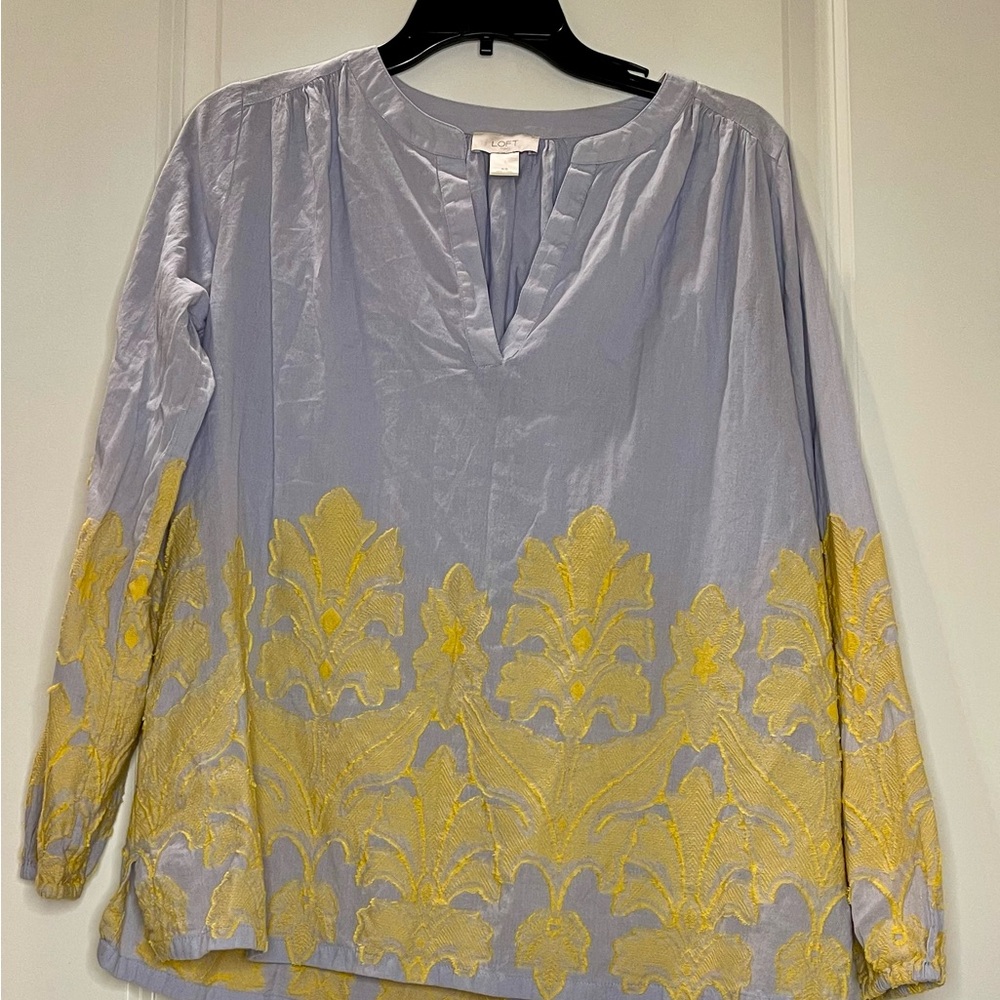 Loft Blue and Yellow Floral Tunic Top 100% Cotton Oversized Size XS